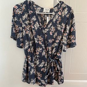 Sienna Sky Peplum Floral Top Blue V Neck Tie Waist Blouse Floral